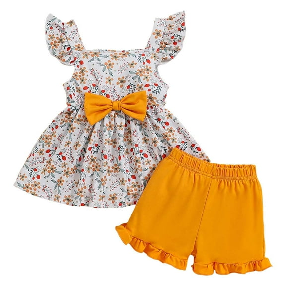 XZNPDUCQ Girls Toddler Summer Outfit Waffle Striped Short Sleeve T-shirt Elastic Waist Shorts 2 Piece Short Set Short Sets Set kids Casual Elastic Shorts 2Pcs Dailywear Yellow，9-12 Months