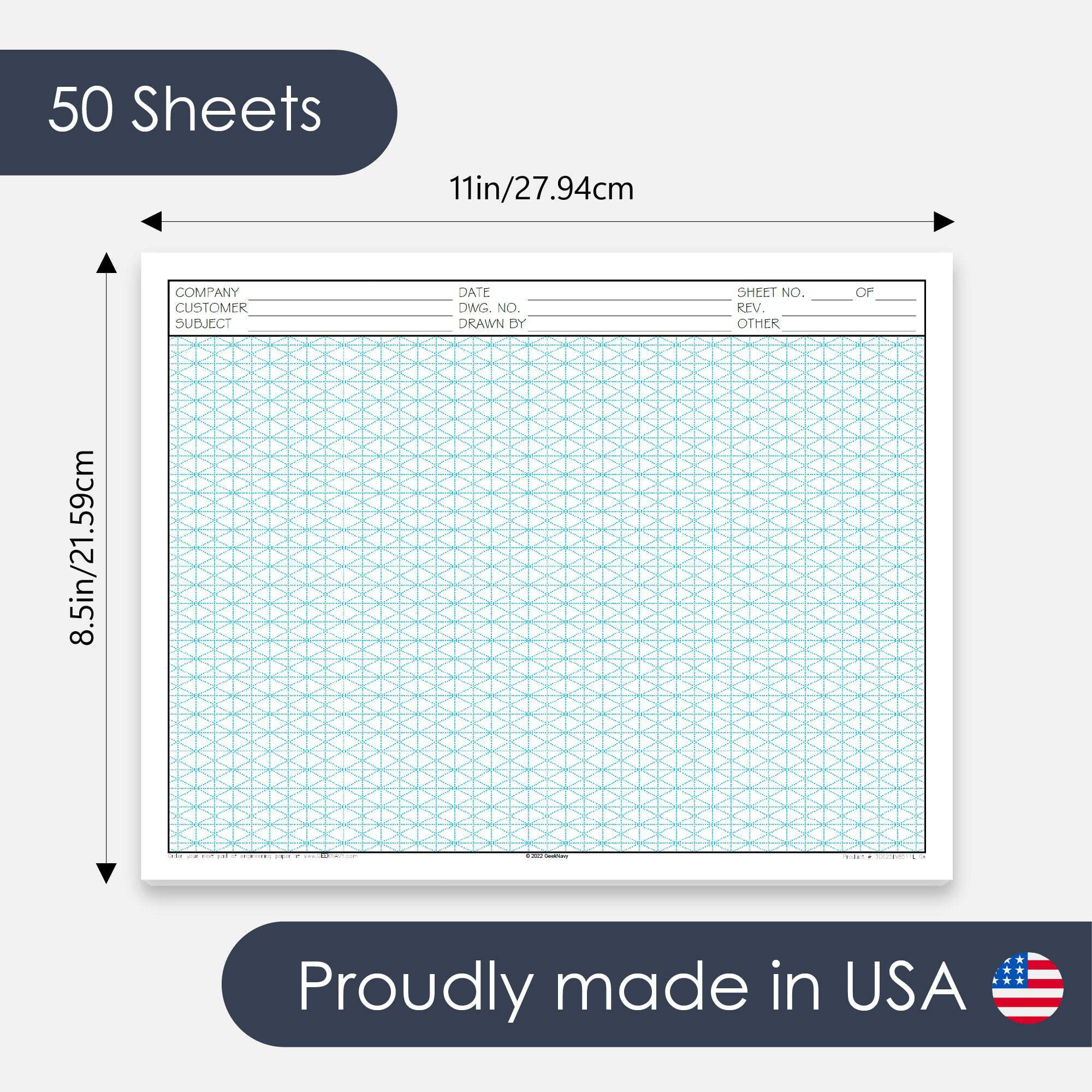 8.5" x 11" Isometric Graph Paper 50 Sheets Landscape - 0.25" Grid, Non-photo Blue, High Brightness, Drafting, Engineering, Art, 3D Design (3-Pack)