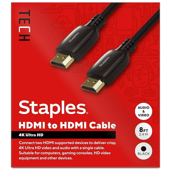 Staples TECH 8 ft. HDMI to HDMI Audio/Video Cable  Male to Male Black (ST62467)