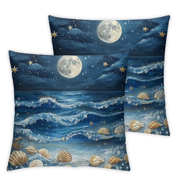 Ocean Themed Throw Pillow Covers, Blue Square Sea Plants Waves Printed Pattern Cushion Cover Sets, Suit for Sofa Couch Home Farmhouse Decor Cushion Case