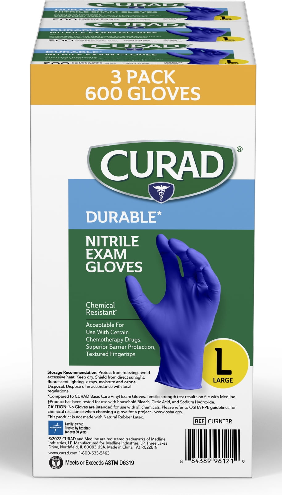 CURAD Nitrile Exam Gloves, Durable, Powder Free, Chemical Resistant, Large, 600 Count, Color May Vary