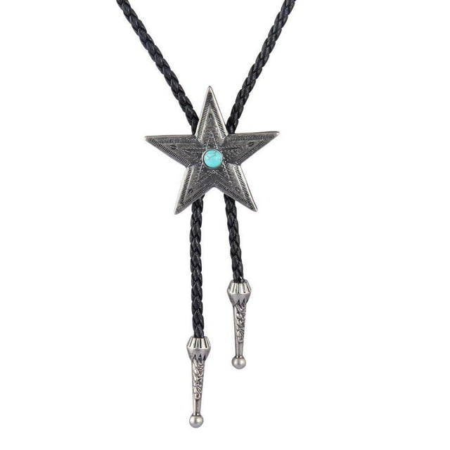 Black PU Leather Western Cowboy Rodeo Bolo Tie Punk Style Bola Necklace Antique Silver