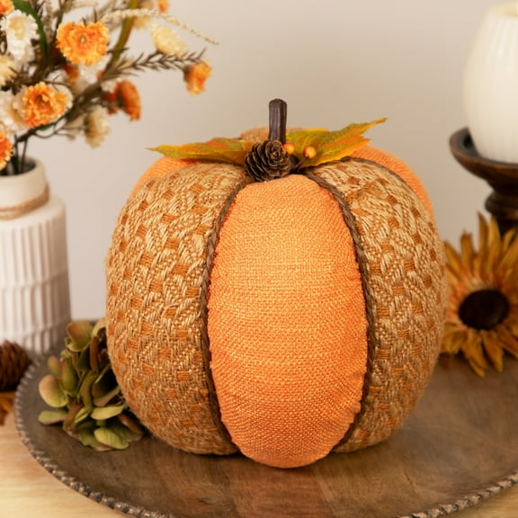 Northlight Woven Jute and Burlap Fall Harvest Pumpkin with Pinecone - 8.5" - Orange and Brown
