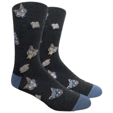 

Fine Fit Fun Crew Novelty Dress Casual Socks with Curious Cat Design and Glasses - Gray