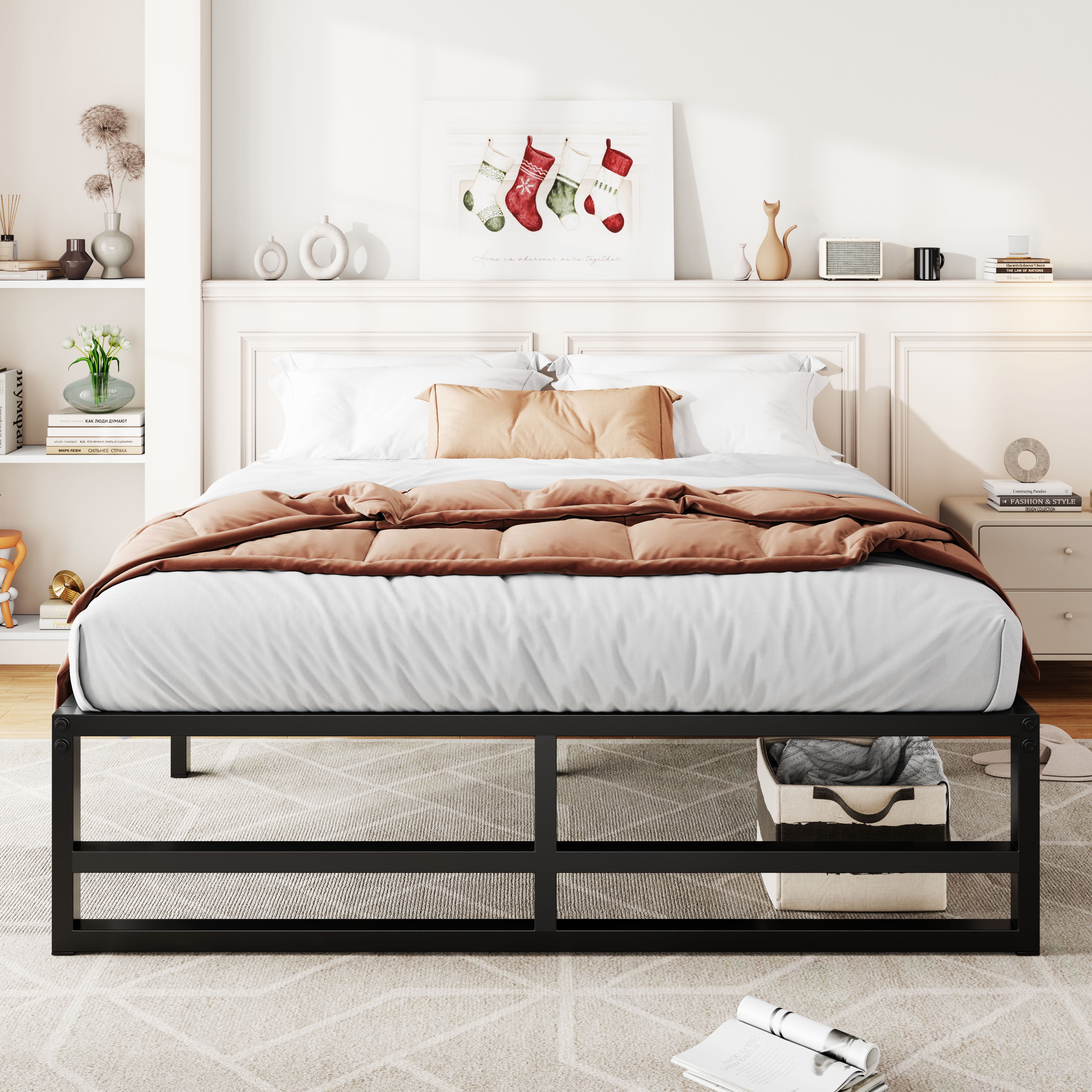 Allewie Queen Size Metal Platform Bed Frame with 14" Under Bed Storage, Strong Metal Slats Support, Black
