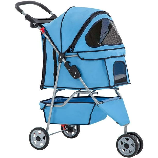 New Blue Pet Stroller Cat Dog Cage 3 Wheels Stroller Travel Folding