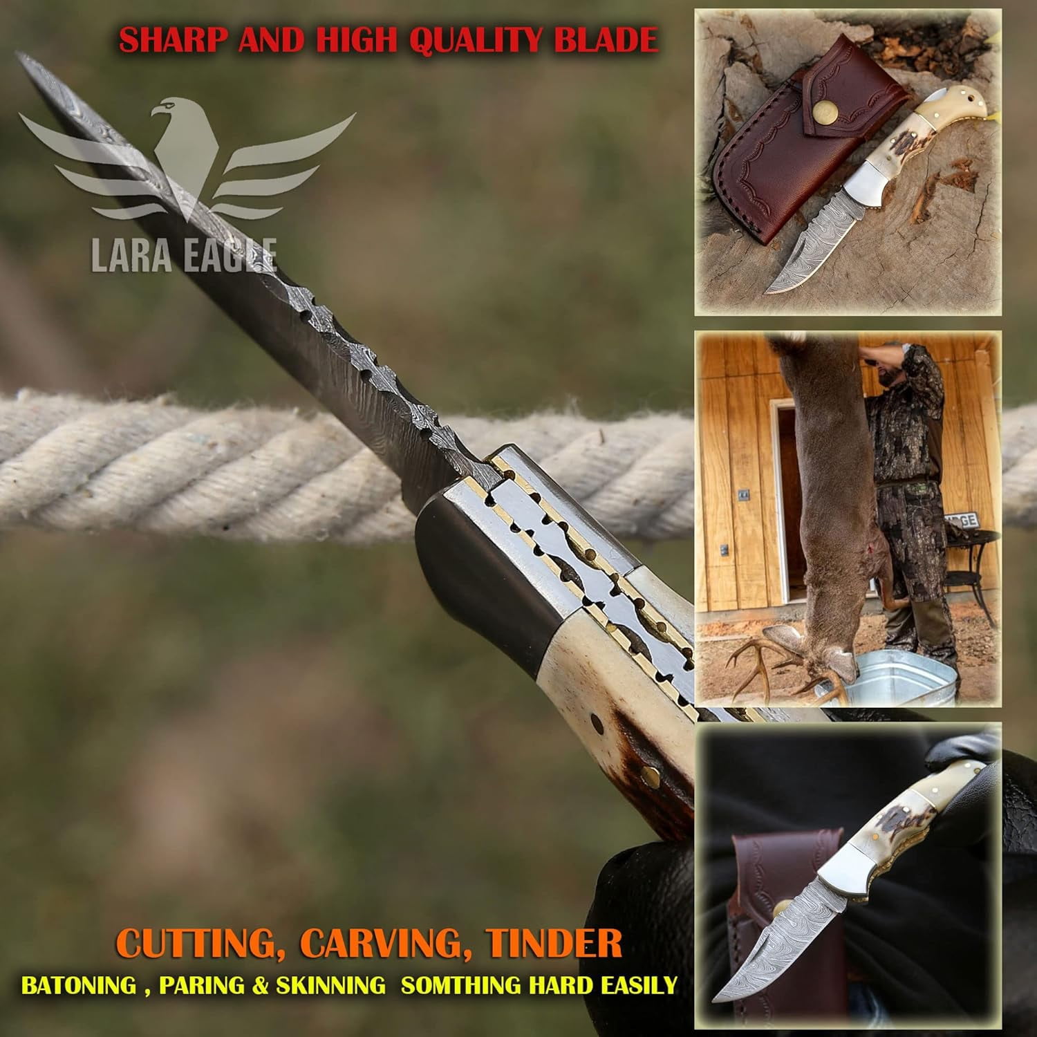 Personalised Damascus Pocket Knife for Men - 133 Layer Solid Steel Handmade Folding Hunting Knives with Sharpner and Leather Pouch - Best Knife for Camping Hunting Hiking