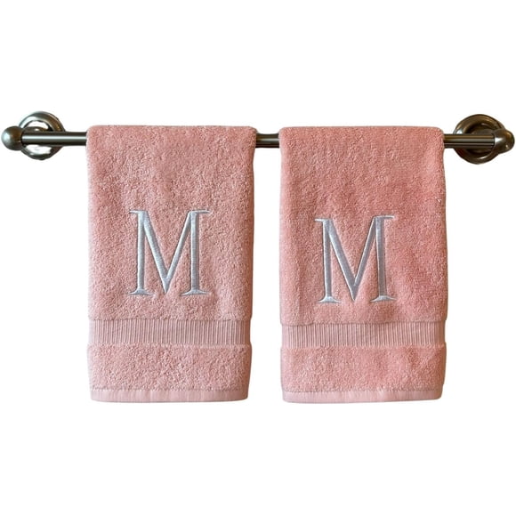 Pink Initial Hand Towel for Bathroom - Monogrammed Luxury Hotel Quality Decorative Embroidered Towel for Powder Room, Spa - GOTS Organic Certified - Set of 2 Letter M