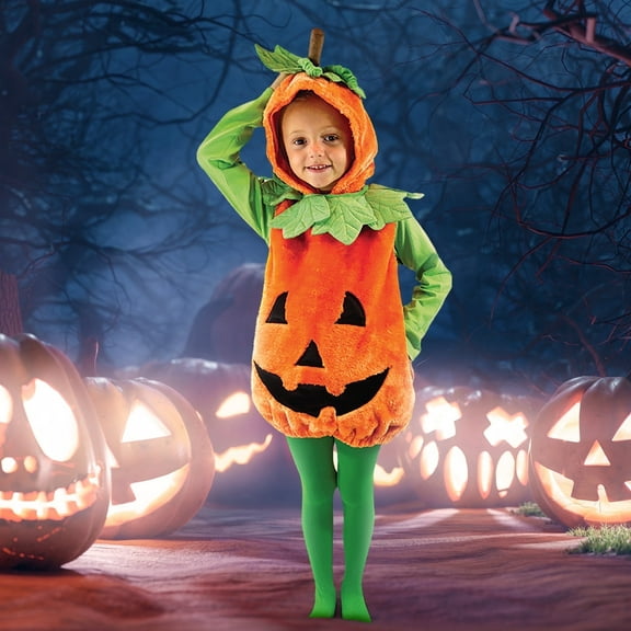 Joyfy Halloween Pumpkin Costume for Toddler, Pumpkin Costume with Plush Green Leaves, Size 3-4 Yrs Halloween Party Dress up Costume
