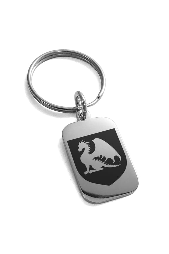 Stainless Steel Dragon Guardian Coat of Arms Shield Engraved Small Rectangle Dog Tag Charm Keychain Keyring