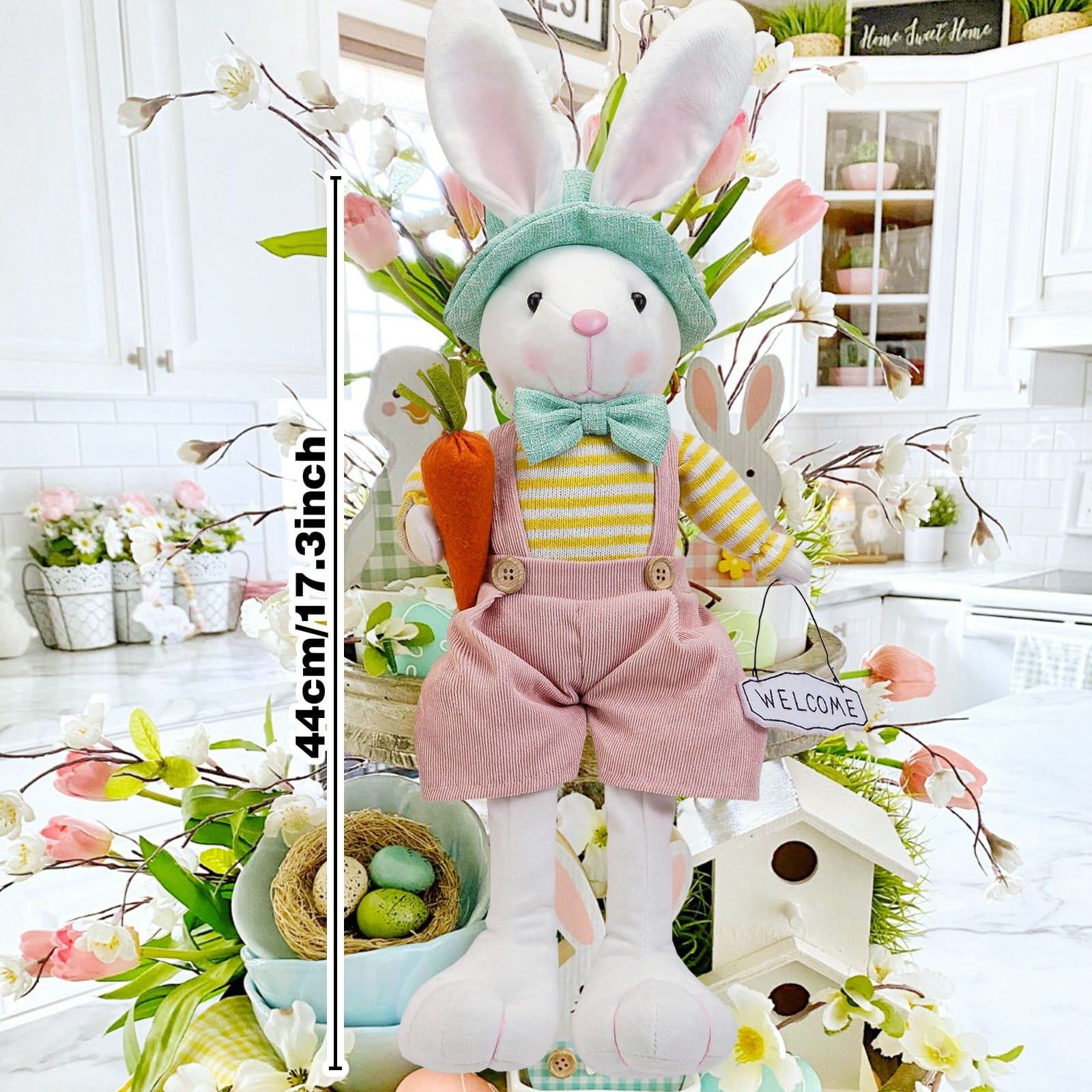 17.3in Easter Decorations Plush Bunny Doll with Welcome Sign for Easter Party Decor and Kids Easter Gifts, Soft PP Cotton Easter Decor Rabbit Figure for Pascua Home Display