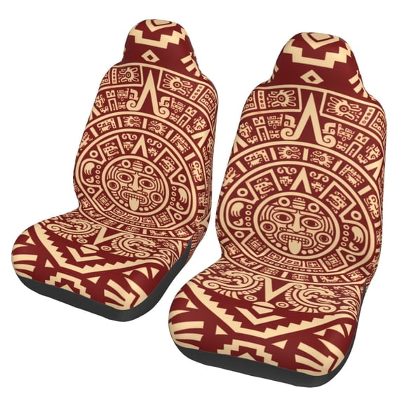 Ancient Mesoamerican Heritage Pattern Car Seat Cover 2 Pcs Auto Front Bucket Seats Protector Cushion Universal Vehicle Truck SUV