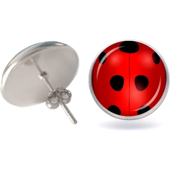 NAMZI Women's Handmade Ladybug Silver Stud Earrings Glass Dome Circle Animal Earrings