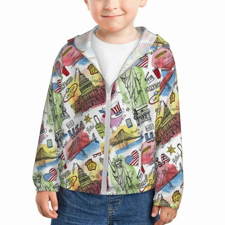 

Goofa America Landmarks1 Printed Kids Zip-Up Hoodie Girls Boys UPF50+ Sun Protection Jacket Hooded Cooling Shirt-2 Years