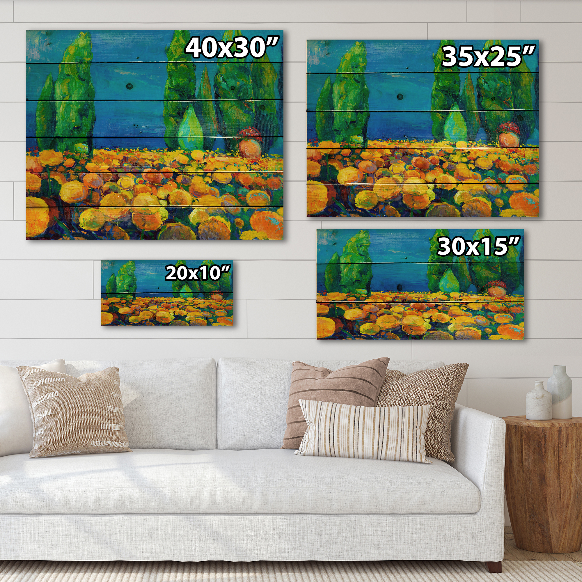 Designart 'Yellow Blossoming Flowers Landscape With Green Trees' Traditional Print on Natural Pine Wood