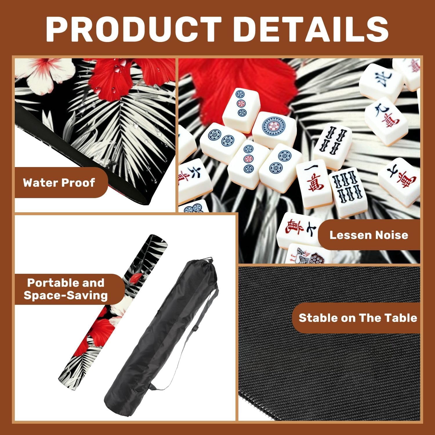 Mahjong Mat 31.5" x 31.5" Red White Hibiscus Flowers Black White Leaves Seamless Beach Non-Slip Noise Reduction Mahjong Tiles Table Cover for Dominoes Poker Card Board and Tile Games