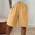 thumbnail image 2 of Women's Cotton Linen Bermuda Shorts Knee Length Elastic Waist Loose Fit Summer Casual Shorts with Pockets, #03 Ginger, L, 2 of 7