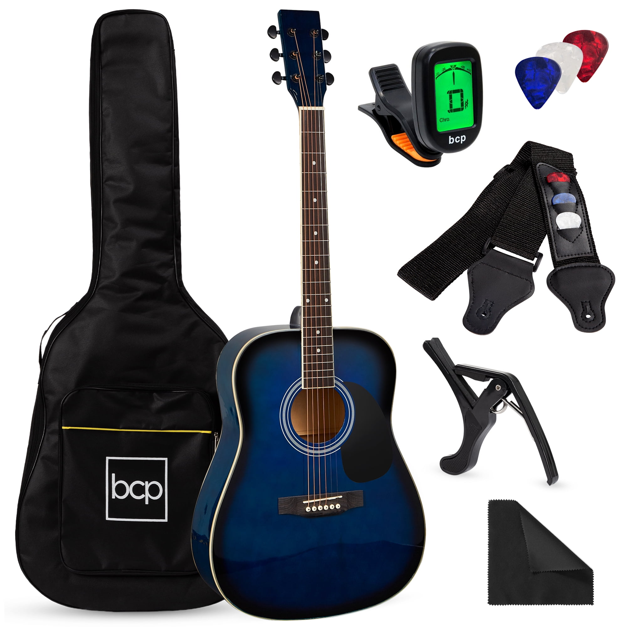 Best Choice Products 41in Full Size All-Wood Acoustic Guitar Starter Kit w/Gig Bag, E-Tuner, Pick, Strap, Rag - Blue