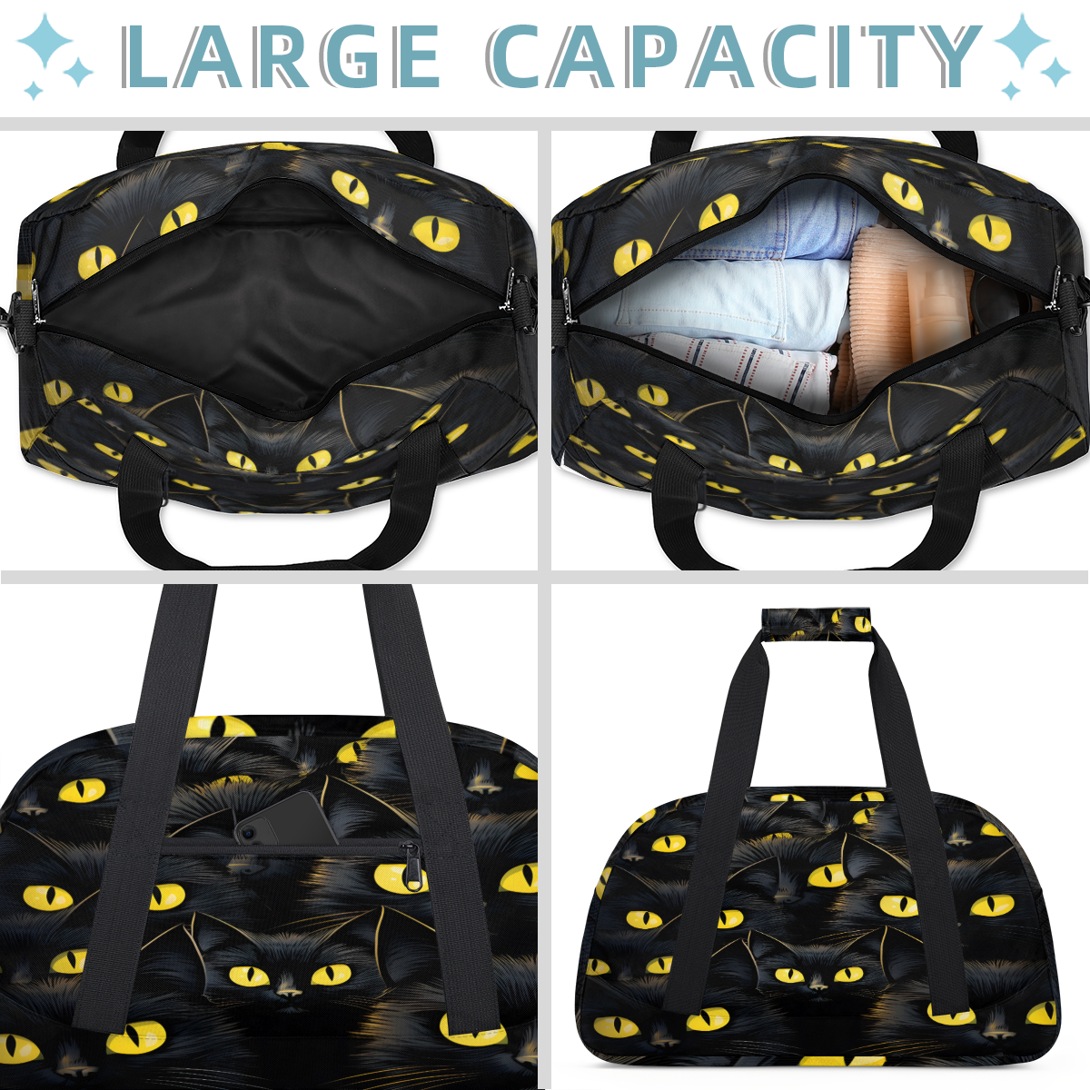 Herdesigns Funny Sports Duffle Bag for Women & Men, Black Cat Gym Bag Dance Bag Overnight Bag Carry On Weekender Travel Bag