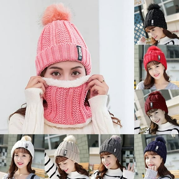 Knit Beanie Hat Scarf Set for Women Winter Hat Slouchy Beanie Thick Fleece Lined Warm Skull Cap with Faux Fur Pom,Winter Knitted Beanies Hats Bib,Women Thick Warm Skullies Hat