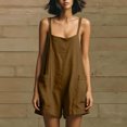 thumbnail image 3 of Wide Leg Shorts Linen Women Sleeveless Romper Shorts Loose Linen Suspender Jumpsuit Shorts with Pocket Casual Summer Overalls Shorts Coffee XXL, 3 of 7