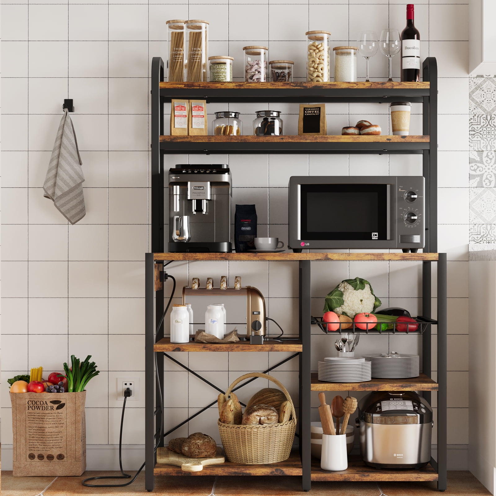 EnHomee 6 Tier Kitchen Bakers Rack Microwave Oven Stand with Storage Coffee  Bar with Shelves Cabinet Hooks, 29.5 W * 13.9 D * 63 H Rustic Brown