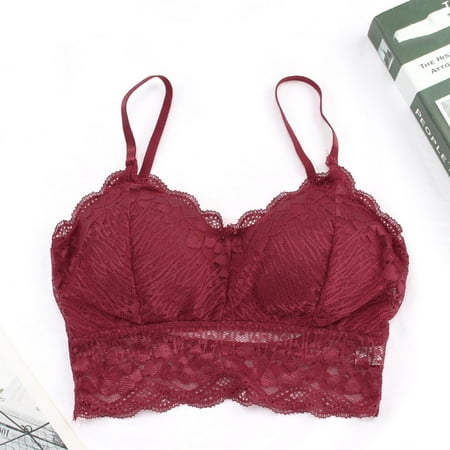Bigersell Lace Bralettes Women V-Neck Crop Tank Tops Camisole Full-Coverage Wireless Bra Ladies Push-up Bras No Underwire Comfort Soft Padded Bra Sleep Bras Everyday Wire-Free Bras Wine One Size