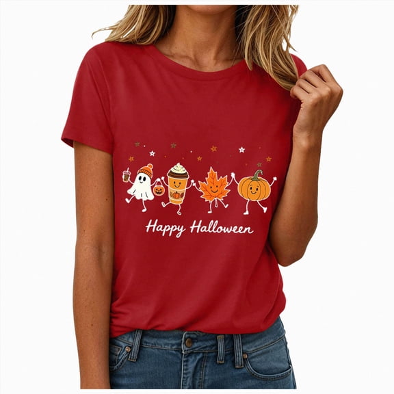 mgoYE Halloween Tshirts Women Plus Size Funny Long Sleeve Halloween Thanksgiving Fall Pumpkin T-Shirts Graphic Tee Tops Womens T Shirts(Red,S)