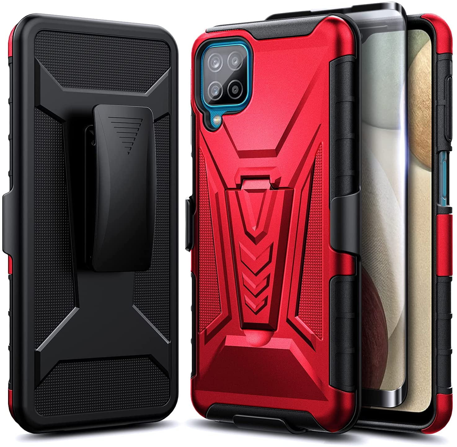 Onbevredigend nemen Plateau Samsung Galaxy A12 Phone Case with Tempered Glass Screen Protector (Full  Coverage), Nagebee Belt Clip Holster with Built-in Kickstand, Heavy Duty  Protective Shockproof Armor Rugged Case (Red) - Walmart.com