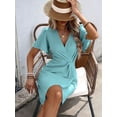 thumbnail image 4 of Womens Summer Short Sleeve Casual Dresses V Neck Vacation Sundress Faux Wrap Midi Dress Cyan XL, 4 of 9