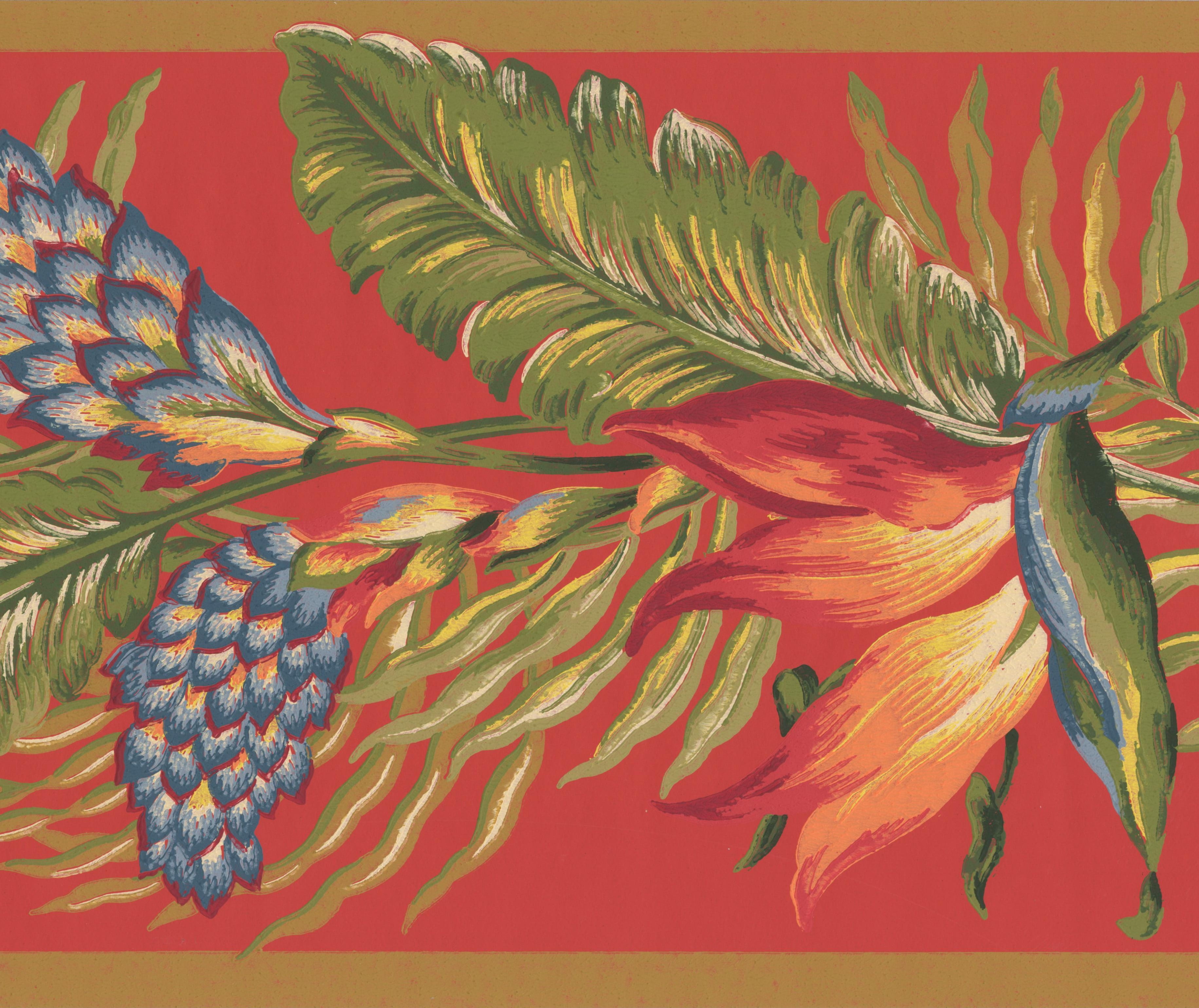 Blue Green on Red Floral Extra Wide Wallpaper Border Retro Design, Roll