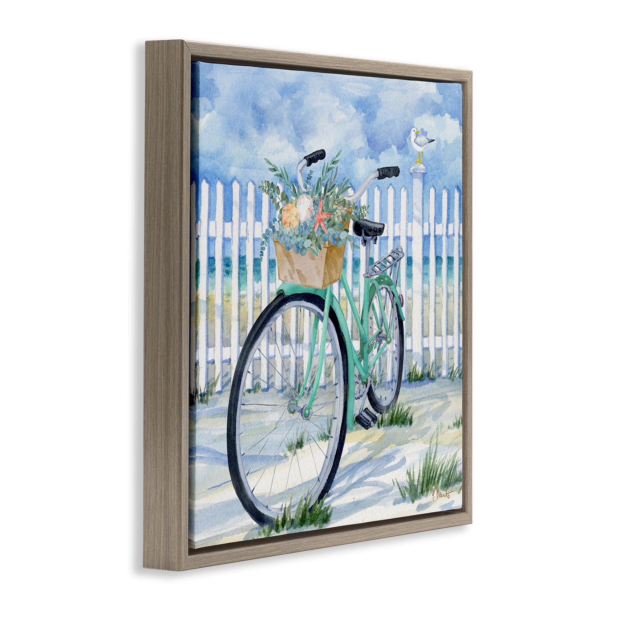 Stupell Industries Bike on Rosemary Beach Transportation Painting Brown Floater Framed Canvas Art Print Wall Art, 25 x 25