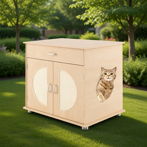 Pefilos 26" Hidden Cat Litter Boxes Enclosure Furniture with Sisal Scratching Doors, Cat House Suitable for Bedroom, Beige