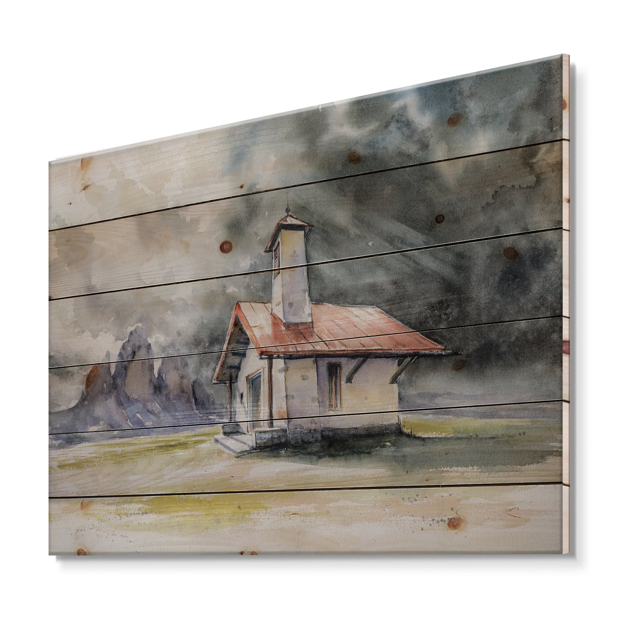 Designart 'Storm On A Rustic House On Mountain Top ' Country Print on Natural Pine Wood