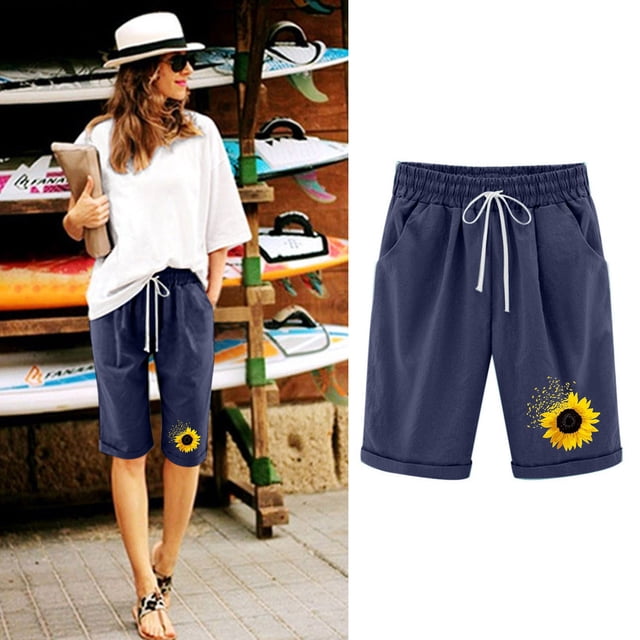 LOVZFMLL Mode Femmes Shorts Décontractés Taille Élastique Été Poche Marine TTG