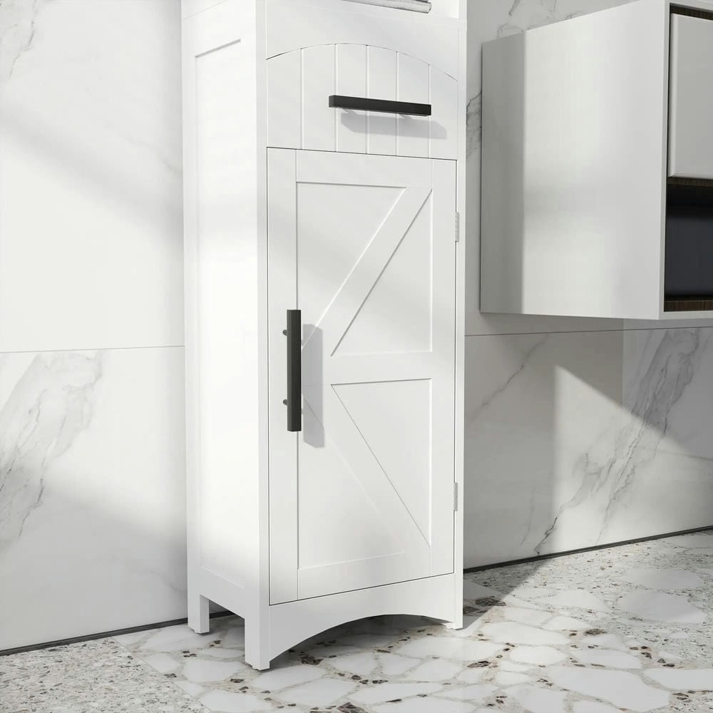 GVN Bathroom Storage Cabinet, Bathroom Floor Cabinet, Bathroom Storage Cabinet with Recessed Drawer and Barn Door, White