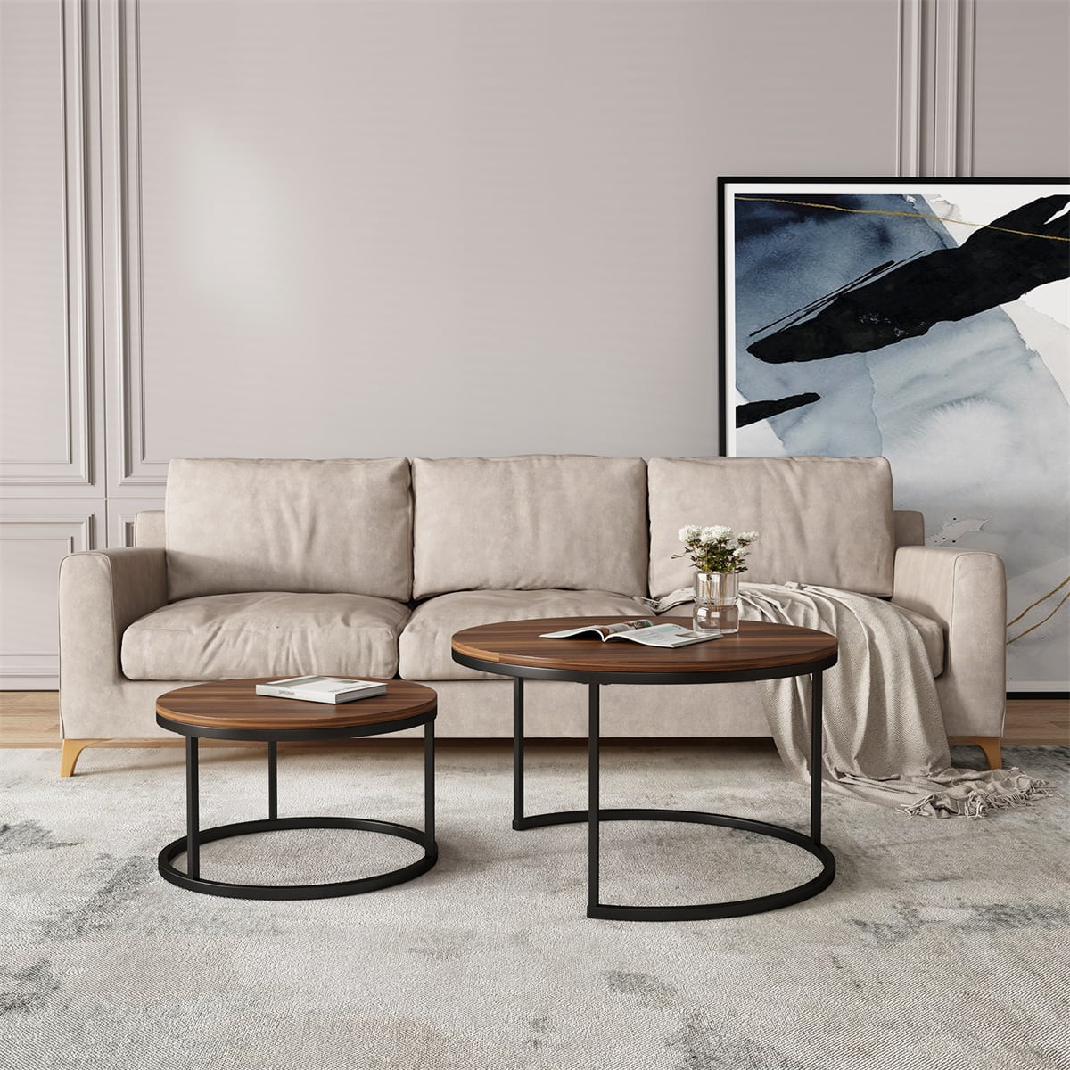Kepooman 2 Pcs Modern Round Sofa Center Table for Dining Room/Tea, Brown