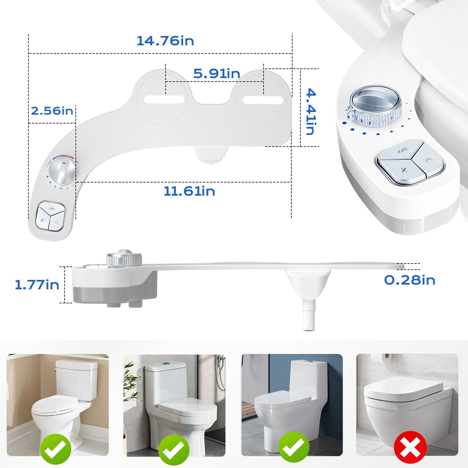 ROSYNEY Bidet Attachments, Ultra-Slim Hygienic Bidet for Existing Toilets,Adjustable Water Pressure, Ease of Installation,Chrome