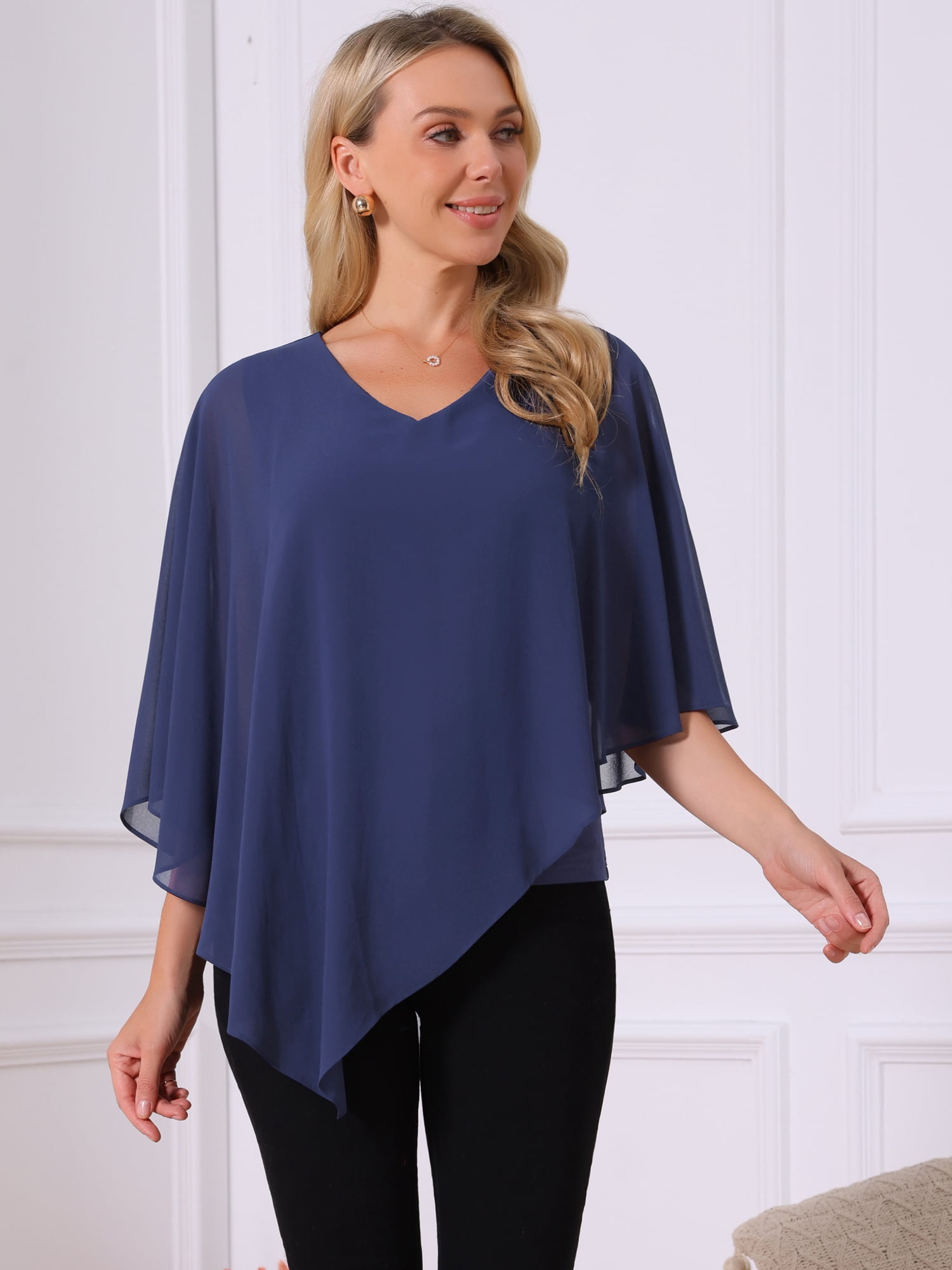 DARING DIVA Women's Flowy V Neck Chiffon Blouse Asymmetrical Top M Dark Blue