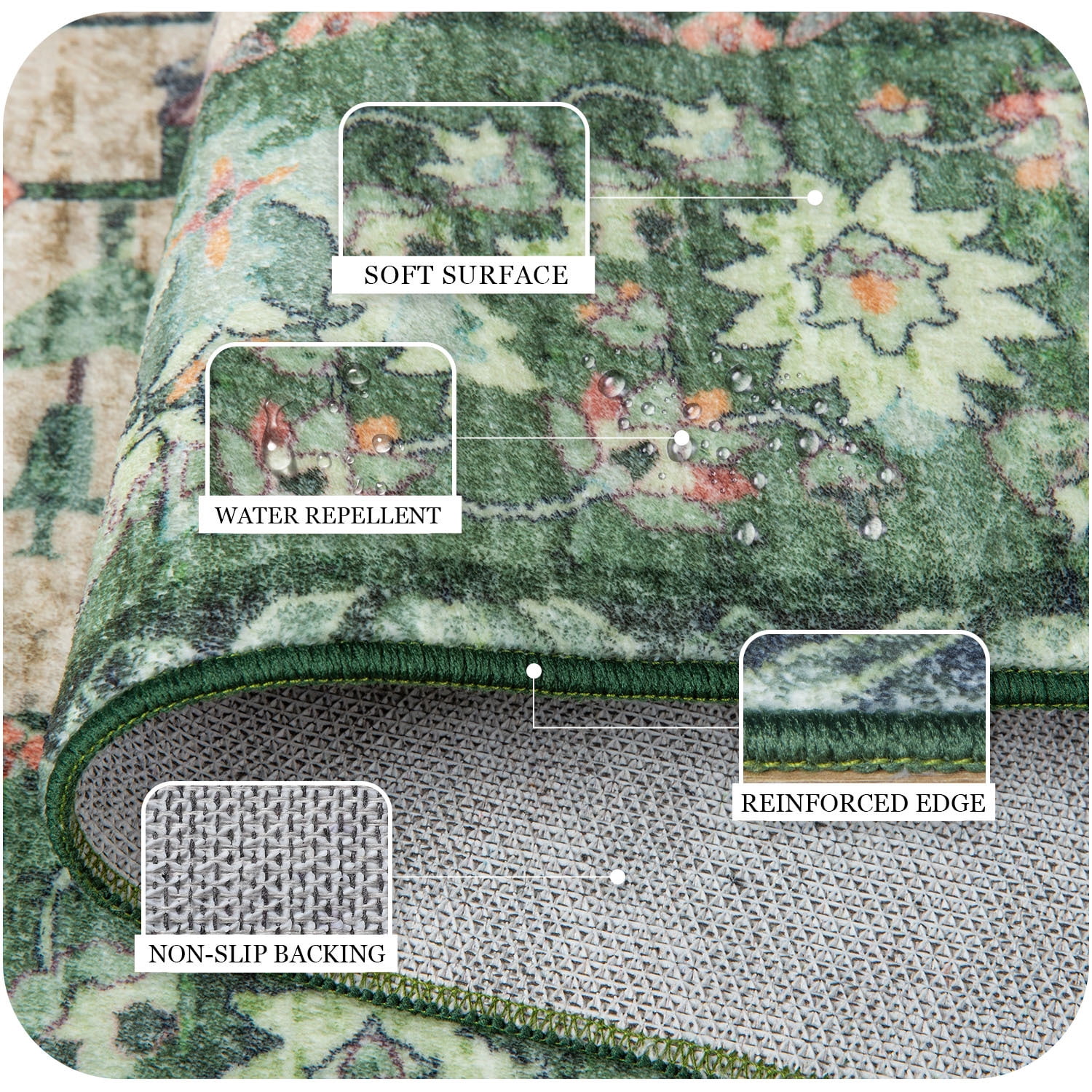 Wondo Washable Rugs Vintage Area Rug Rug for Living Room, Bedroom, Kids Room, 6' x 9', Green