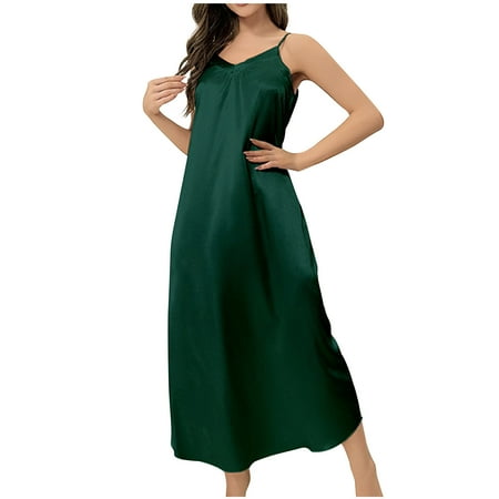 BRGZLK Women s Satin Nightshirt Sexy Sleepwear Lace Chemise Nightgown Babydoll Sleepwear Green XL
