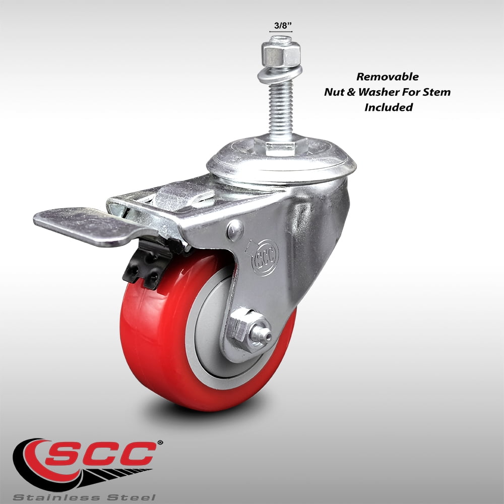 Stainless Steel Red Polyurethane Swivel Threaded Stem Caster w/3" x 1.