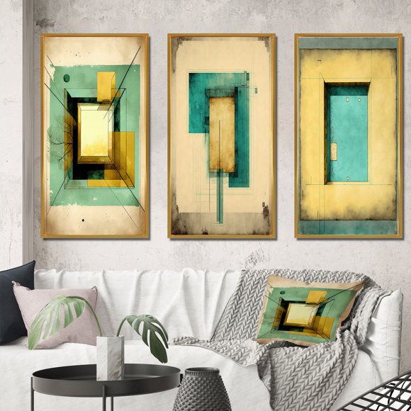 Designart "Faded Retro Illustrations - Intimate Impressions I" Modern Geometric Framed Wall Art Set Of 3 - Beige Abstract Geometric Frame Gallery Set For Office Decor