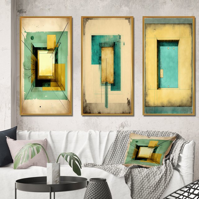 Designart "Faded Retro Illustrations - Intimate Impressions I" Modern Geometric Framed Wall Art Set Of 3 - Beige Abstract Geometric Frame Gallery Set For Office Decor