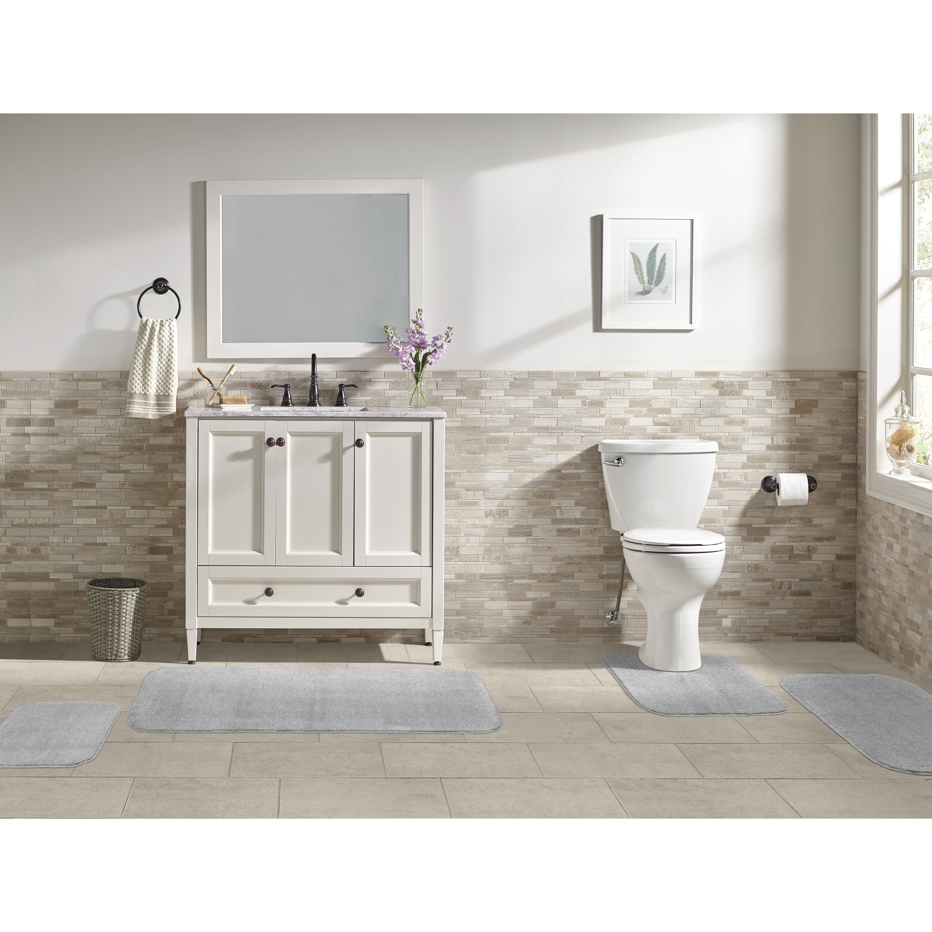 Garland Rug Sedona Washable Bath Rug Set, 4 Piece Set (2 Bath Rugs, Contour Rug, Runner Rug) Silver