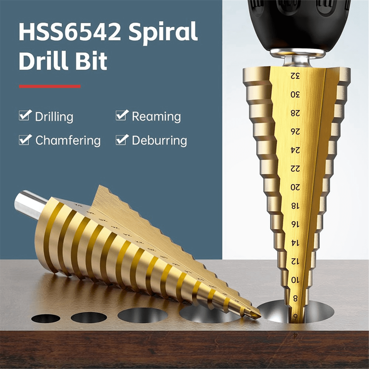 Step Drill Bit Set, 3Pcs Titanium Step Drill Bits, Metric 4mm to 32mm HSS6542 Drill Cone Bits for Meta