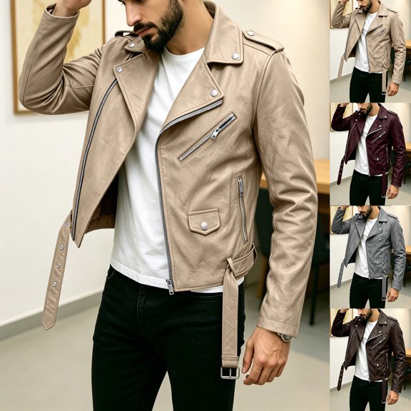 Lightweight Short Faux Leather Biker Jacket Men - Punk Gothic Coat Classic Rock Streetwear Belted Jacket No Hood Moto Jacket Outerwear Khaki