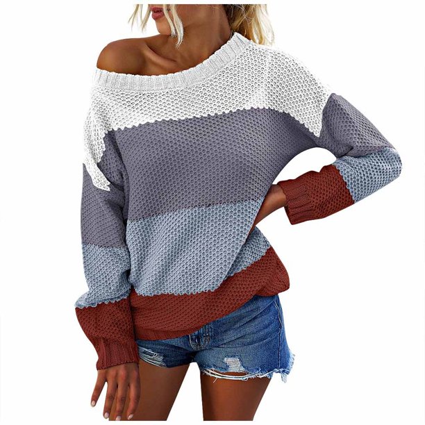 Gibobby Suéter de Punto Women Fashion Loose Color Contrast Comfortable Long Sleeves Sweater Tops (Azul, XL)