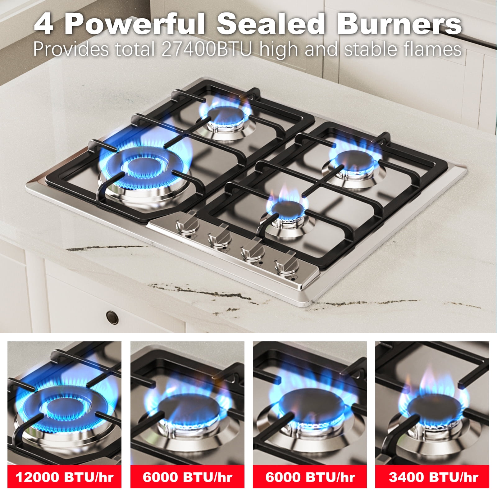 GRACEALL 24-Inch Gas Stove Cooktop, NG/LPG Convertible, 4 Burners, Pre-Installed Propane Nozzles