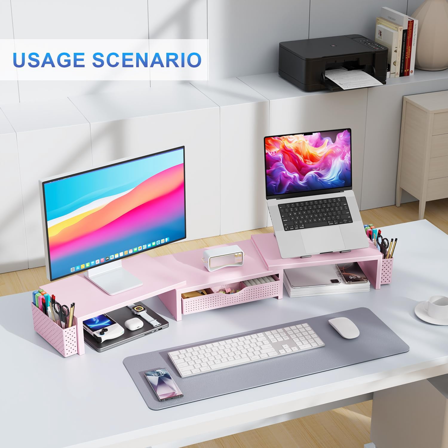 Dual Monitor Stand Riser  Desk Organizer With Drawer And 2 Pen Holders Organizers Accessories Pink Office Supplies (pink)